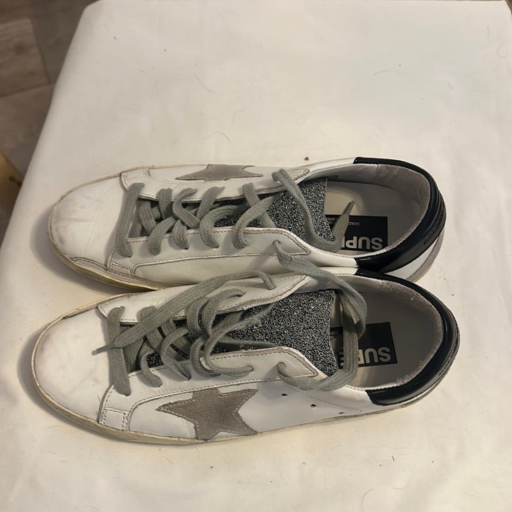 Golden Goose Superstar, white leather w/ Swarovski crystal tongue, size 38 or 8